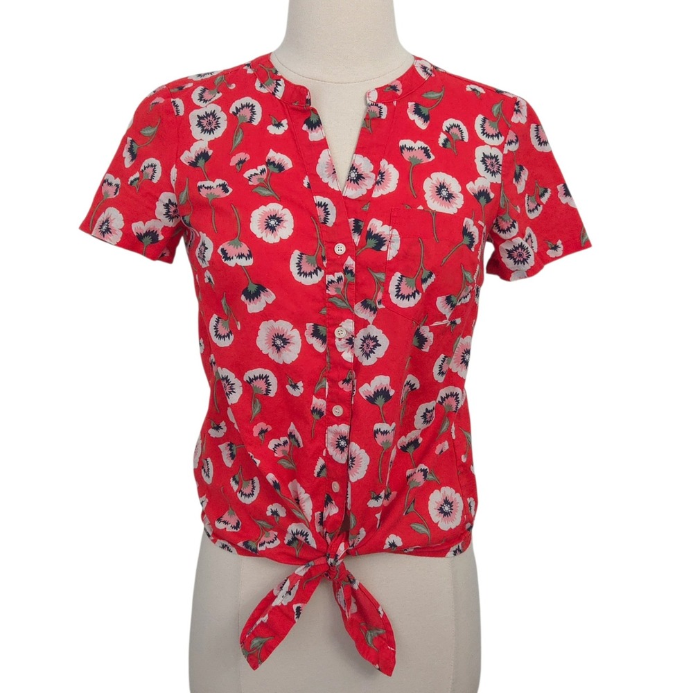 J. Crew Red, Pink & White Floral Tie-Front Button Down Short Sleeve Top- XXS